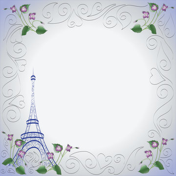 Eiffel tower. Violets. Frame. Design for greeting card, Notepad, Souvenirs, symbols of Paris.