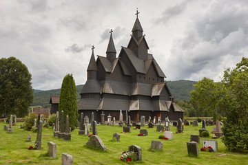 Norwegian stave church. Heddal. Historic building. Norway touris