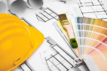 Construction plans with Paint Brush Colors Palette and Yellow Sa © guerrieroale