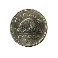 5 canadian cent coin (1998) obverse isolated on white background