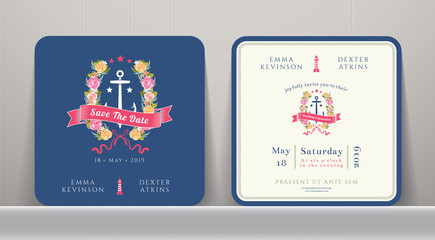 Nautical wedding save the date card with floral and anchor ornam