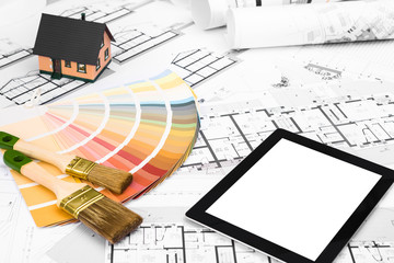 Construction plans with Color Palette Miniature House and white Screen Tablet