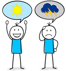 Zwei Figuren positiv und negativ mit Wetter Symbol