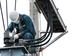engineer electrician maintenance working on high voltage pole on