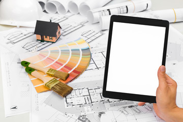 Construction plans with Color Palette Miniature House and white Screen Tablet © guerrieroale