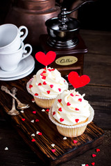 Cupcakes with red hearts for St. Valentines Day.