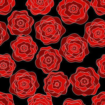 Seamless floral pattern. Red roses on a dark background. For design backgrounds, greeting cards for Valentines day, for design wrapping paper and textiles.
