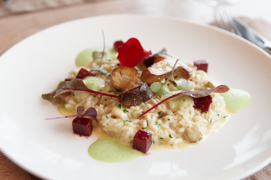 Risotto with fried porcini mushrooms on plate