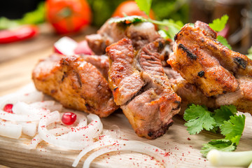 Assorted delicious grilled meat with vegetable on white plate  picnic table for family bbq party
