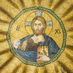 Golden mosaic of Jesus Christ in a circle. Byzantine Mosaic of the pantocrator in Pammakaristos church or Fethiye museum
