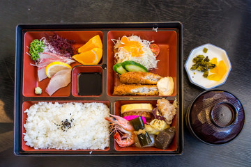 Japanese seafood bento and miso soup