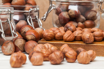 Nuts. A lot of. Close. On a wooden table. Healthy diet.