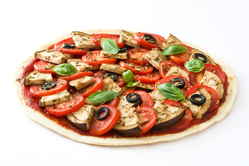Vegetarian pizza with eggplant, tomato, black olives, oregano and basil isolated on white background