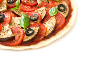Vegetarian pizza with eggplant, tomato, black olives, oregano and basil isolated on white background
