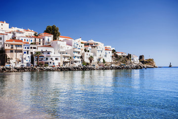 Fototapeta na wymiar View of Andros town with beach, Andros island, Cyclades, Greece