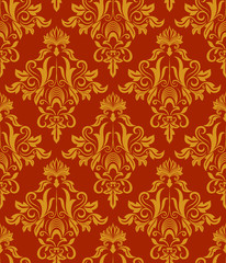 Seamless red and yellow vintage damask wallpaper pattern.