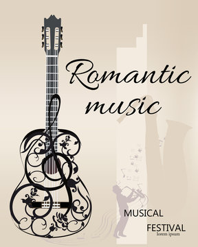 Abstract musical background with a violin and treble clef, notes. 