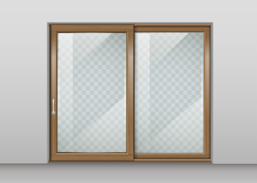 Modern wooden wide sliding door with transparent glass. Vector graphics. The interior of the room.