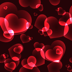 Seamless pattern with shining red bokeh neon hearts