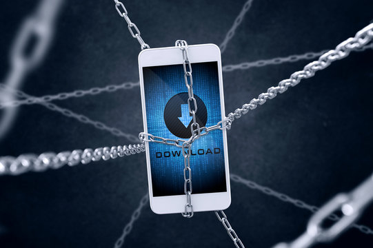 Chained smartphone with download symbol. Concept of secure downloding