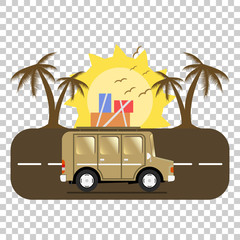 Travel car campsite place landscape. Palm, birds, sun, beach, and road. Vector illustration in flat style.