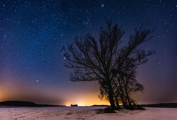 Milky way and starry sky over winter landscape