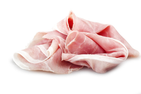 Italian pork ham slices on white background