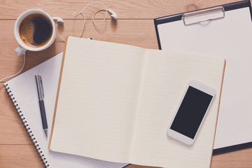 Notebook with mobile top view, study and office work