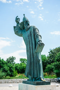 Monumental bronze statue of Bishop Gregory in town Nin in Croatia