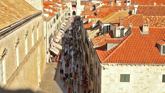 Top view shot of crowd of people walking on UNESCO Old City. Dubrovnik, Adriatic Europe