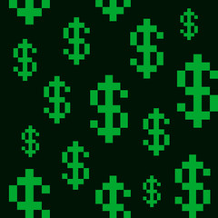 Pixel Style Dollar Seamless Pattern Background. Vector