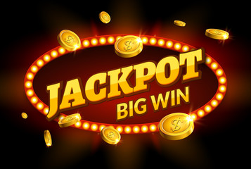 Jackpot gambling retro banner sign decoration. Big win billboard for casino. Winner sign lucky symbol template with coins money