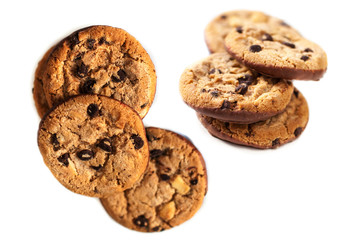 Chocolate chip cookies isolated  on white background close up.