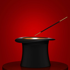 Magician hat with magic wand on red background. 3D rendering
