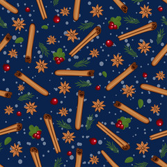 Christmas winter spice with cranberries. Decorative vector seamless pattern. Mulled wine theme.
