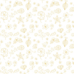 Seamless pattern with monochrome flowers and leaves, doodle. Transparent background. Swatch is included in vector file. 
