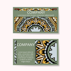 Set of business cards. Vintage pattern in retro style with mandala. Hand drawn Islam, Arabic, Indian, lace pattern