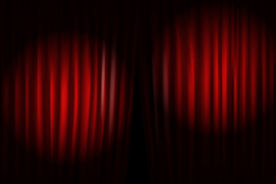 Opening stage curtains with bright projectors. Vector illustrati