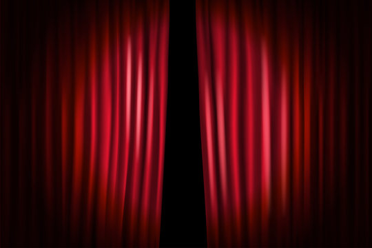 Opening stage curtains with shining microphone. Vector illustrat