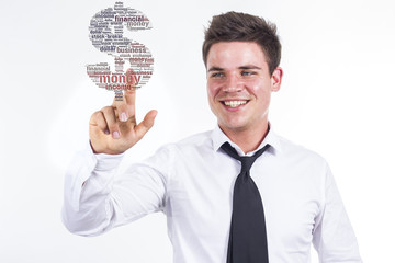 Dollar sign - Young businessman touching word cloud
