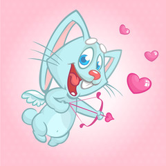 Funny cupid with bow and arrow. Illustration of a Valentine's Day. Vector. Isolated on rose background