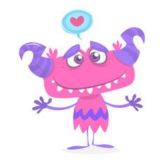 Cartoon purple cute and cool monster in love. St Valentines vector illustration of  loving and hugging monster 