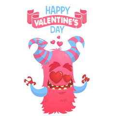Cartoon pink  horned monster in love. Saint Valentine monster. Vector illustration of loving monster and hearts. Invitation card for party