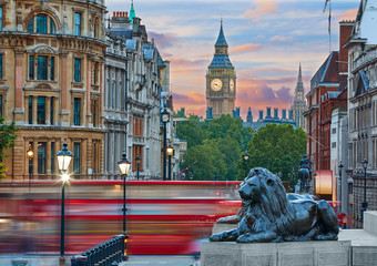 Fototapeta na wymiar London Trafalgar Square lion and Big Ben