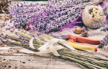 Workplace of the florist. Vintage end retro toning. Top view