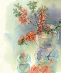 Branches of blooming quince still-life watercolor