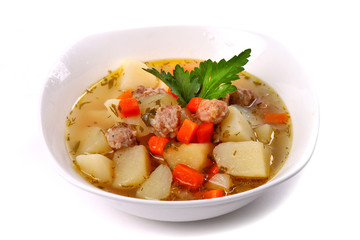 Soup with frikadellers and potato