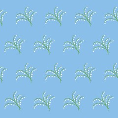 Seamless pattern with lilies of the valley on a blue background. It can be used for packing of gifts, tiles fabrics backgrounds. Sample for the websites. Vector illustration.