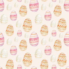 Watercolor seamless pattern with colored eggs. Repeating Easter background in pastel colors.