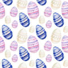Watercolor seamless pattern with colored eggs isolated on white. Repeating Easter background.